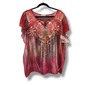One World Womens Top‎ 1X Red Pink Embellished Sheer Layered Short Sleeve
